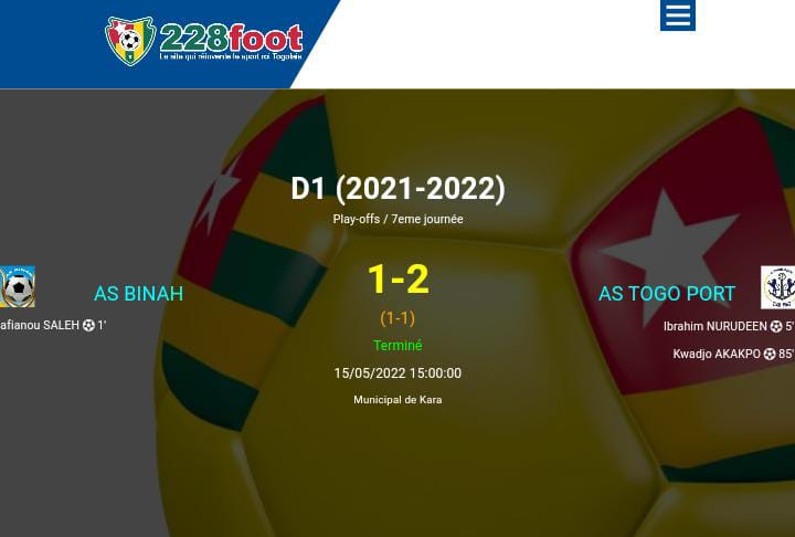 D1- 2021 - 2022/ Play-offs/J7: L'AS BINAH s'est incliné devant l'AS Togo Port cet après-midi